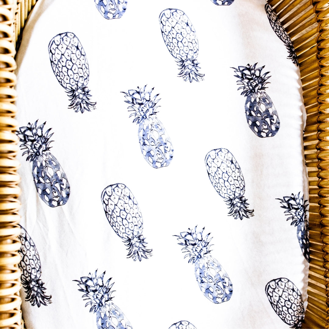 Fitted Jersey Cotton Bassinet Sheet/Change Table Cover - Indigo Pineapples