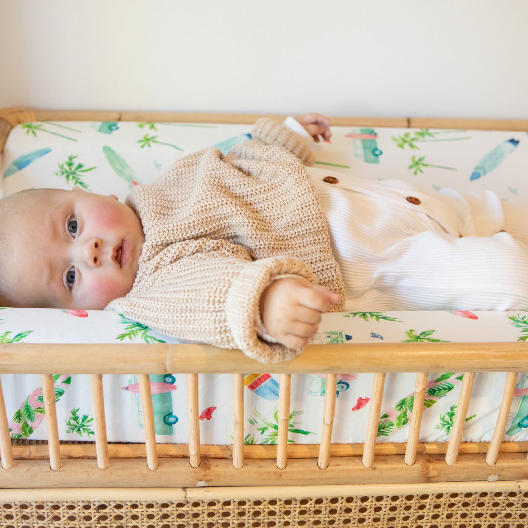 Fitted Jersey Cotton Bassinet Sheet/Change Table Cover - "Chasing Waves"