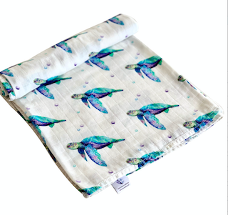 Organic Bamboo Cotton Baby Swaddle + Cot + Bassinet Sheet Set - Sea Turtle