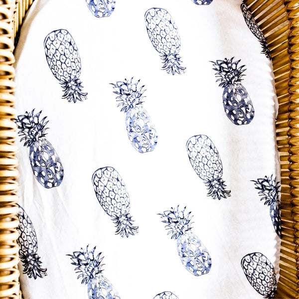 Fitted Jersey Cotton Bassinet Sheet/Change Table Cover - Indigo Pineapples