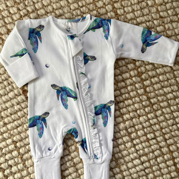 Frill Long Zippy Romper | Sea Turtle