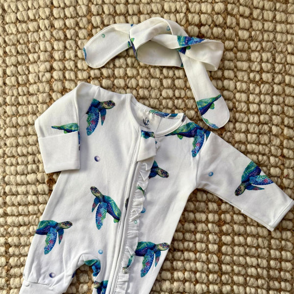 Frill Long Zippy Romper - Sea Turtle