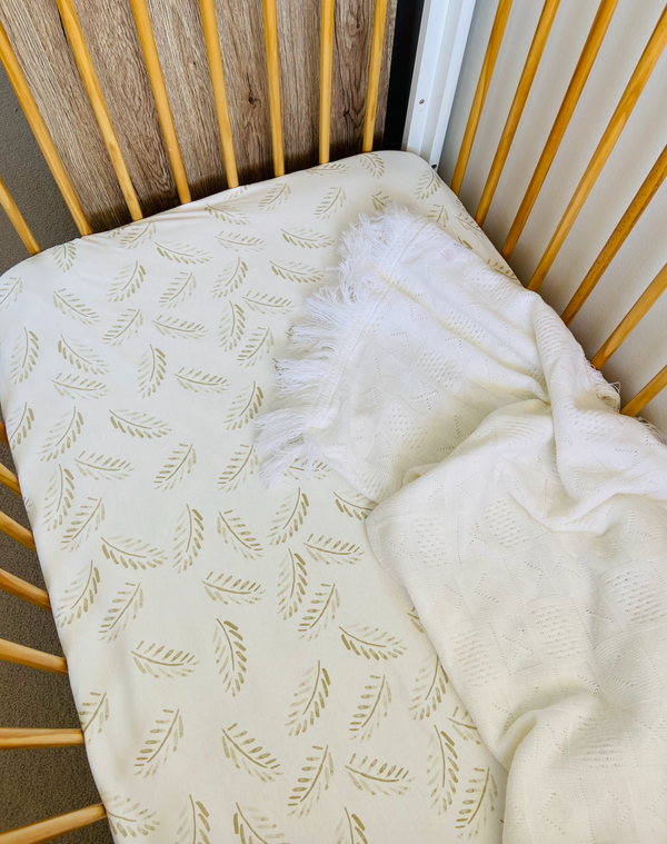 Organic Bamboo Cotton Baby Swaddle + Cot Sheet Set - Gold Fern