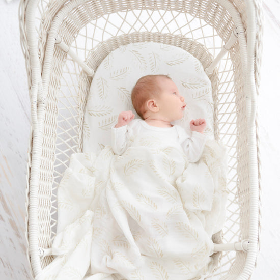 Organic Bamboo Cotton Swaddle + Cot + Bassinet Sheet Set - Gold Fern