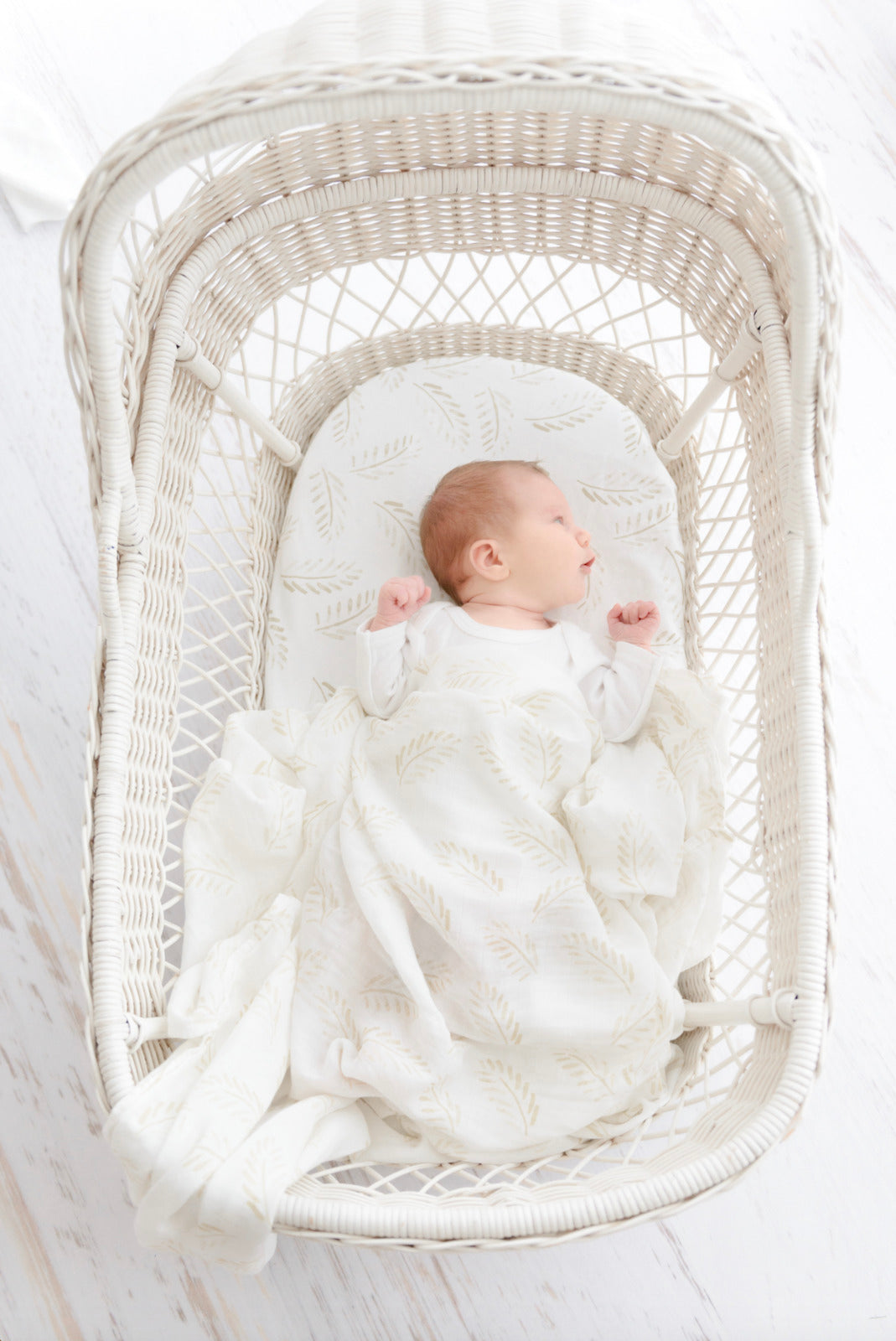 Organic Bamboo Cotton Swaddle + Cot + Bassinet Sheet Set - Gold Fern