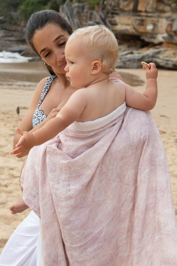 Organic Bamboo Cotton Baby Swaddle + Cot Sheet Set - Pink Palm