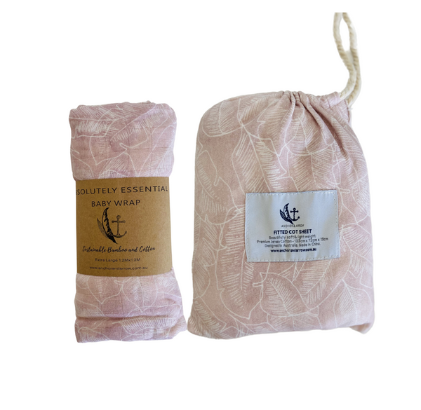 Organic Bamboo Cotton Baby Swaddle + Cot Sheet Set - Pink Palm