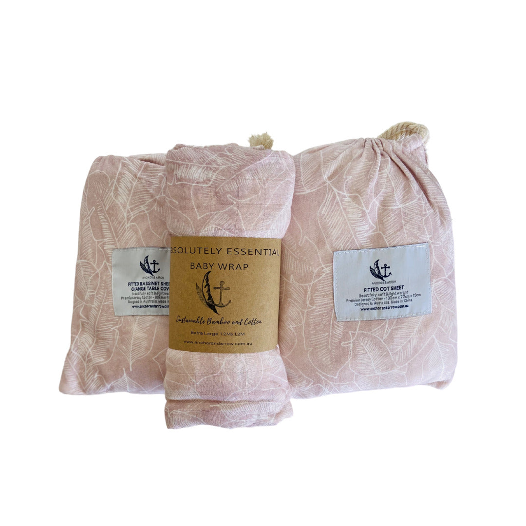 Organic Bamboo Cotton Swaddle + Cot + Bassinet Sheet - Pink Palm