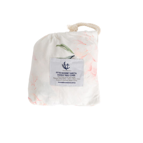 Fitted Jersey Cotton Bassinet Sheet/Change Table Cover - Pretty Peony