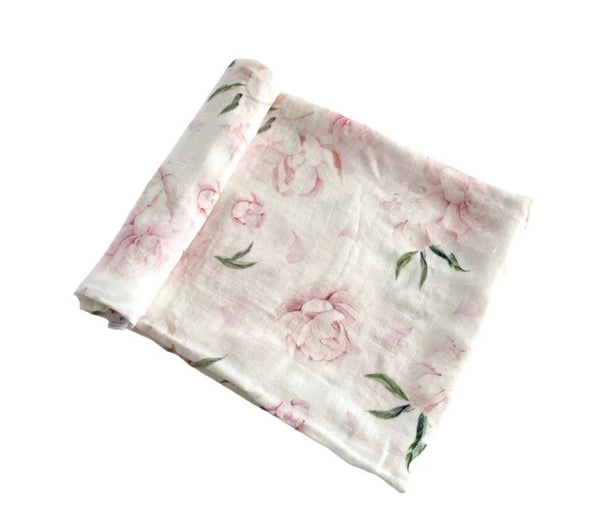 Organic Bamboo Cotton Baby Swaddle + Cot Sheet Set - "Pretty Peony"