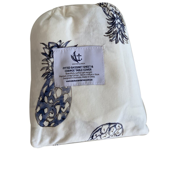 Jersey Cotton Cot Sheet - Indigo Pineapples