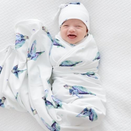 Jersey Baby Swaddle + Beanie -   Sea Turtles