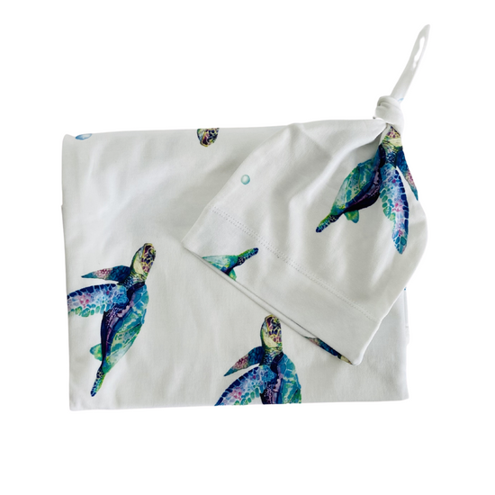 Jersey Baby Swaddle + Beanie -   Sea Turtles